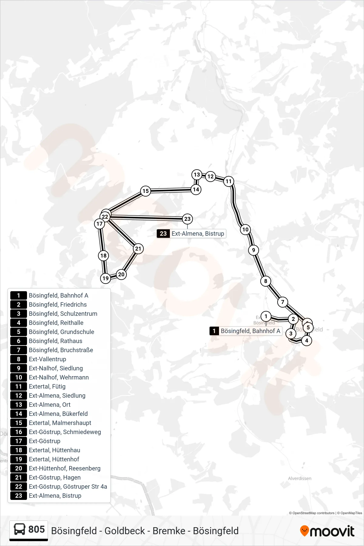 805 bus Line (Ext-Almena, Bistrup) route and stops on a map