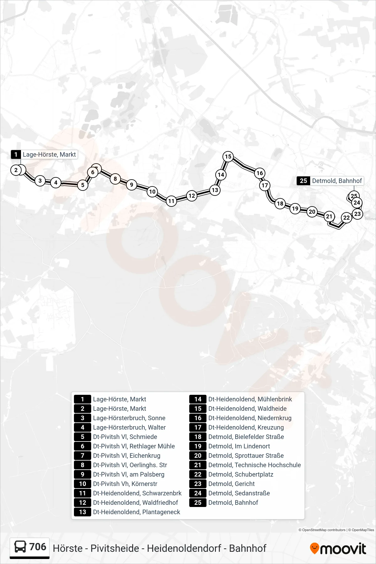 706 bus Line (Detmold, Bahnhof Steig 2) route and stops on a map