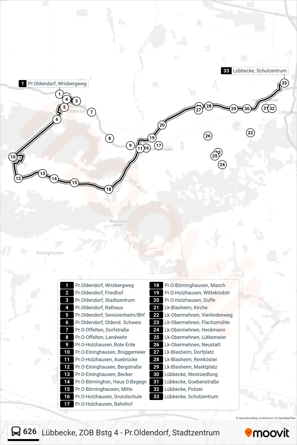 626 bus Line (Lübbecke Schulzentrum) route and stops on a map