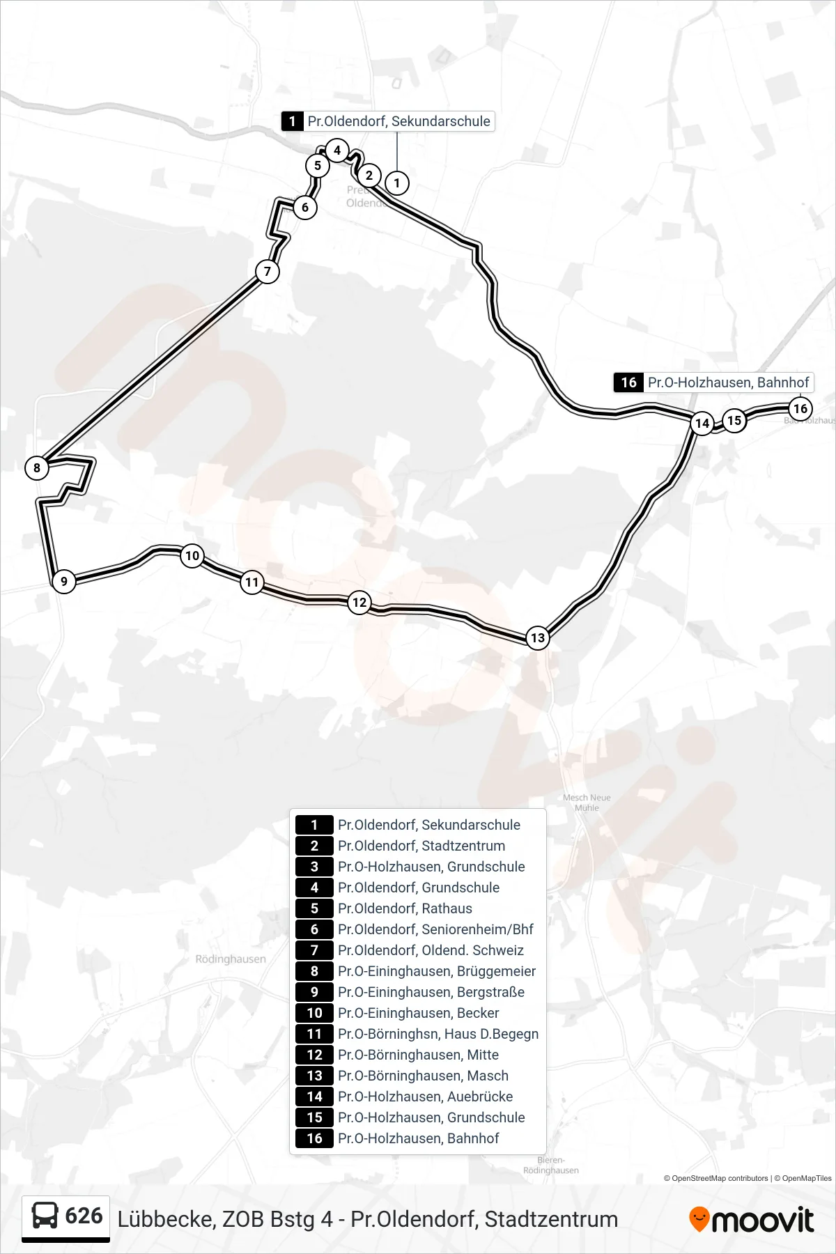 626 bus Line (Holzhausen Bahnhof) route and stops on a map