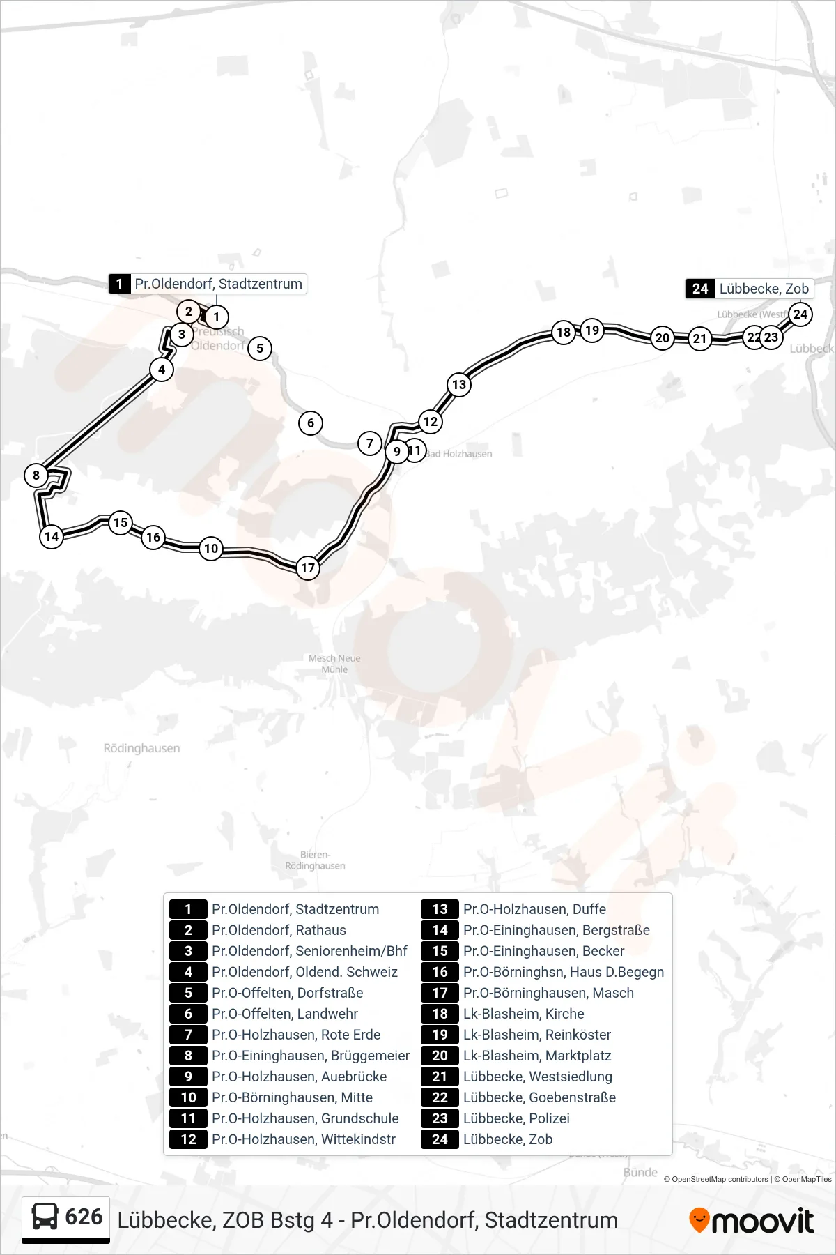 626 bus Line (Lübbecke) route and stops on a map