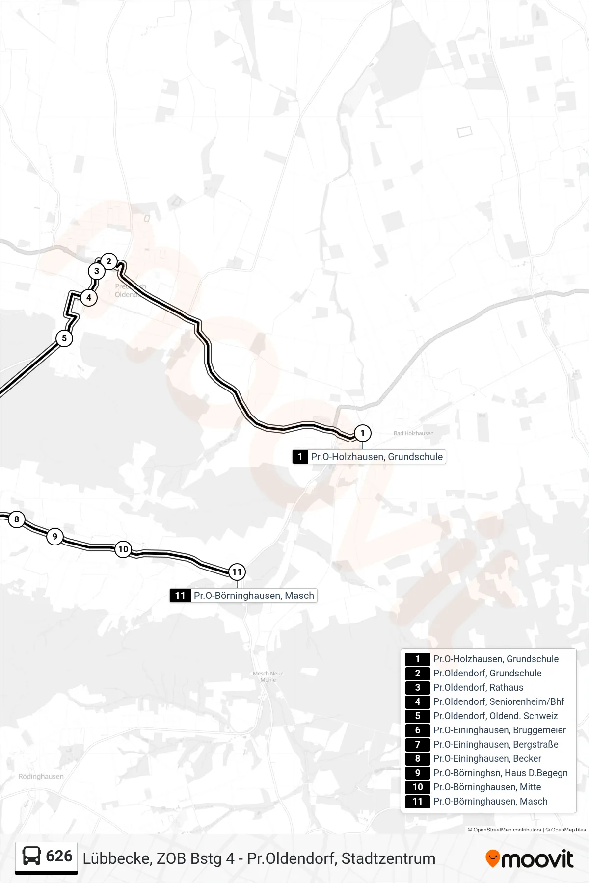 626 bus Line (Börninghausen) route and stops on a map