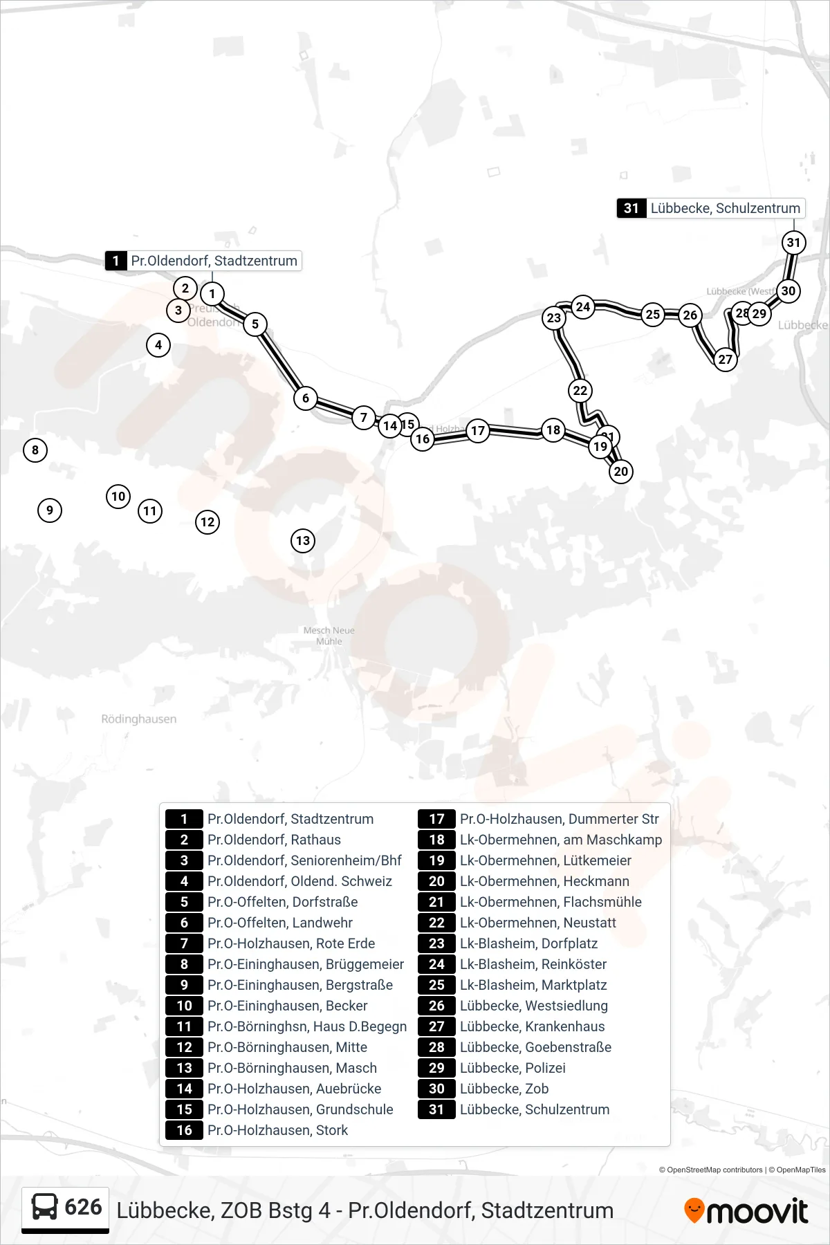 626 bus Line (Lübbecke Zob Über Obermehnen) route and stops on a map
