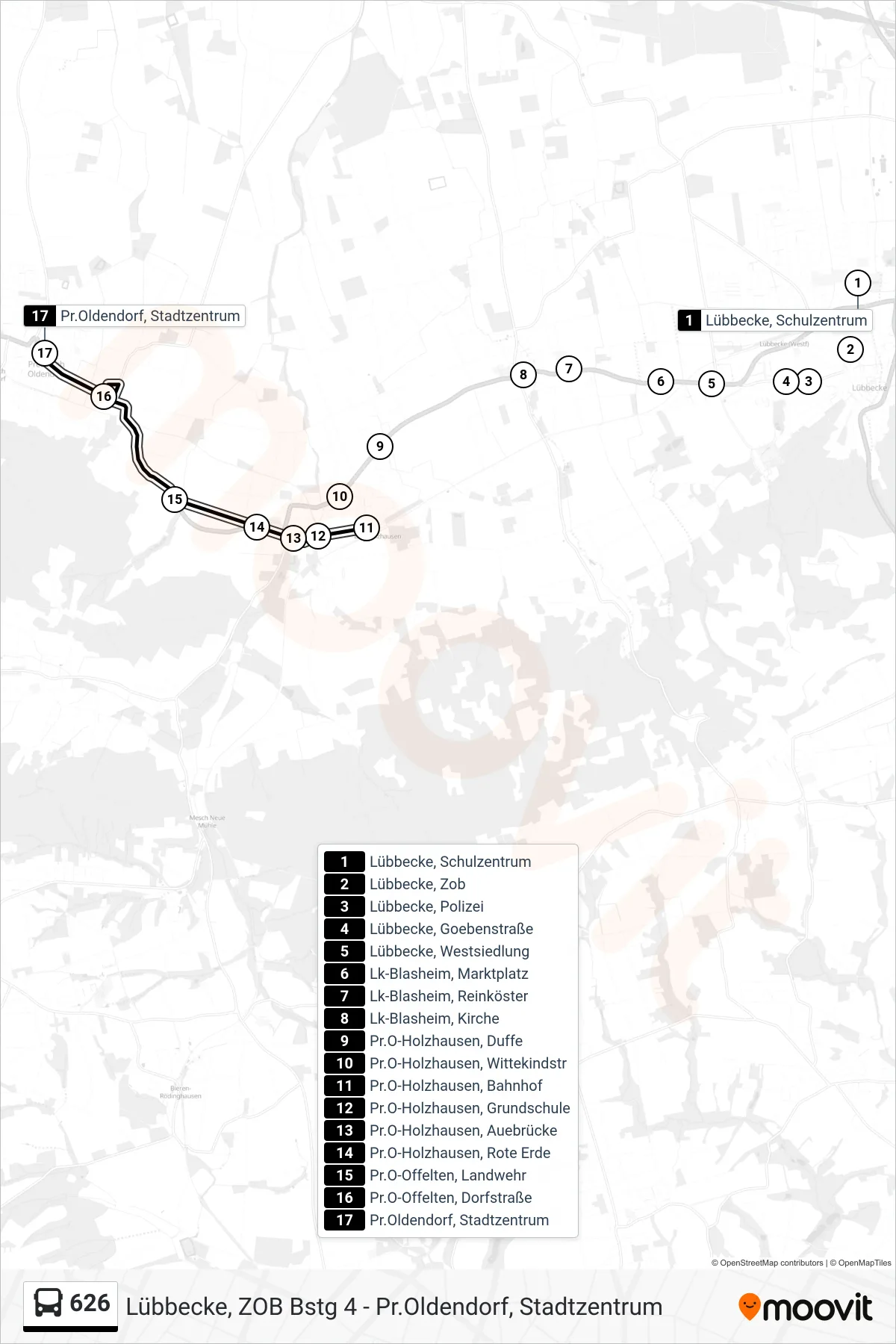 626 bus Line (Pr. Oldendorf Stadtzentrum) route and stops on a map