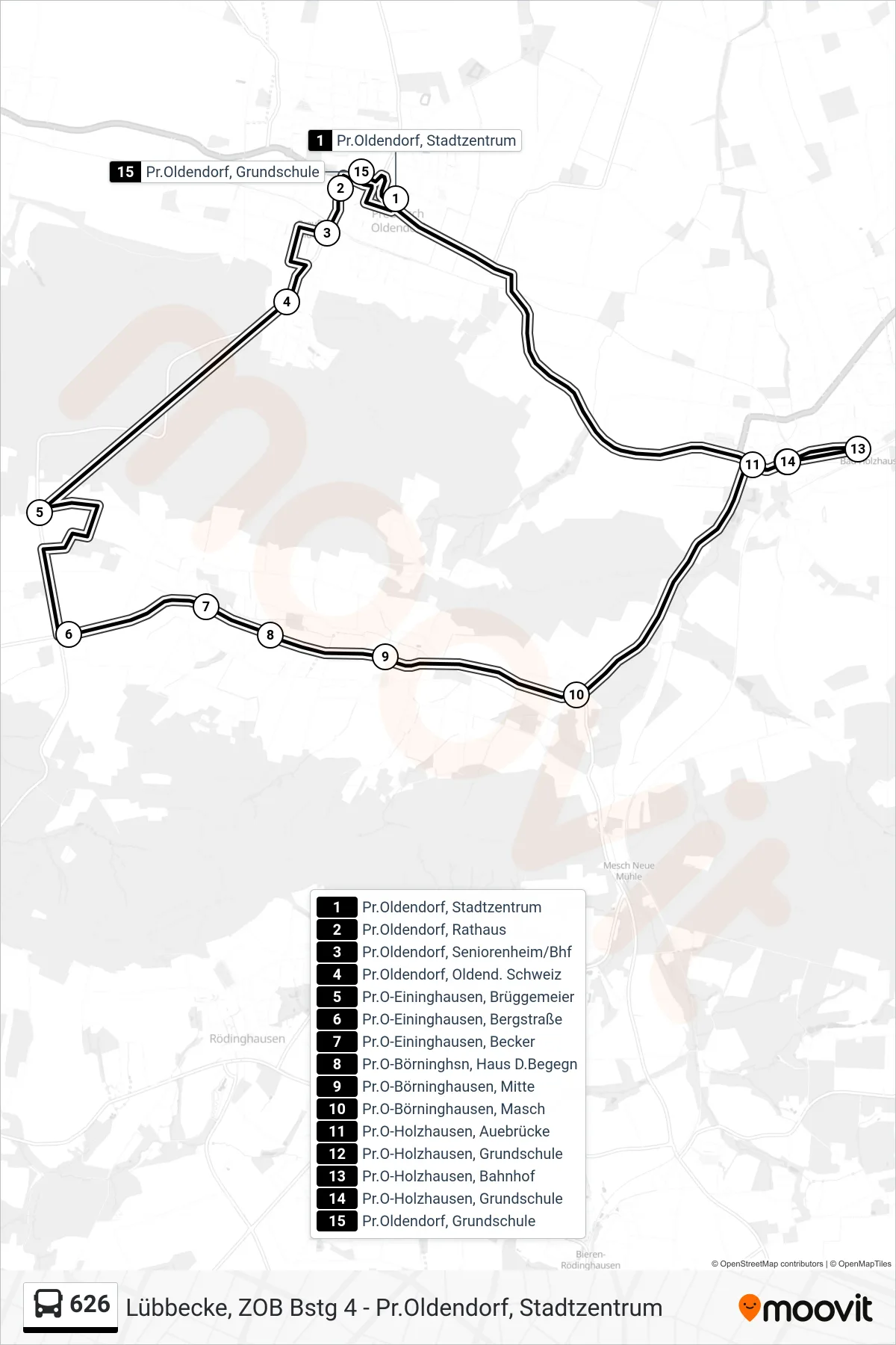 626 bus Line (Pr. Oldendorf Stadtzentrum) route and stops on a map