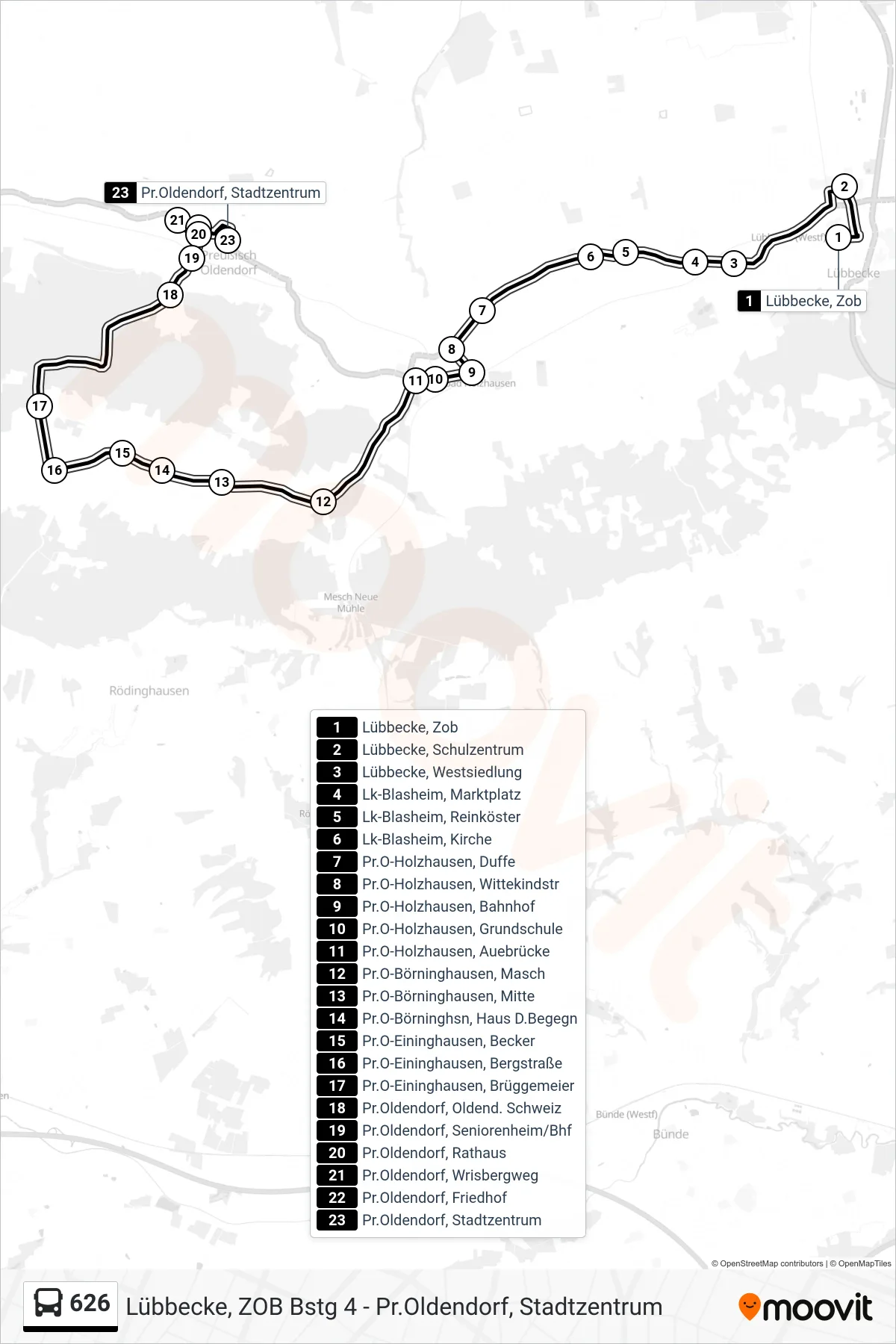 626 bus Line (Pr. Oldendorf Über Börninghausen) route and stops on a map