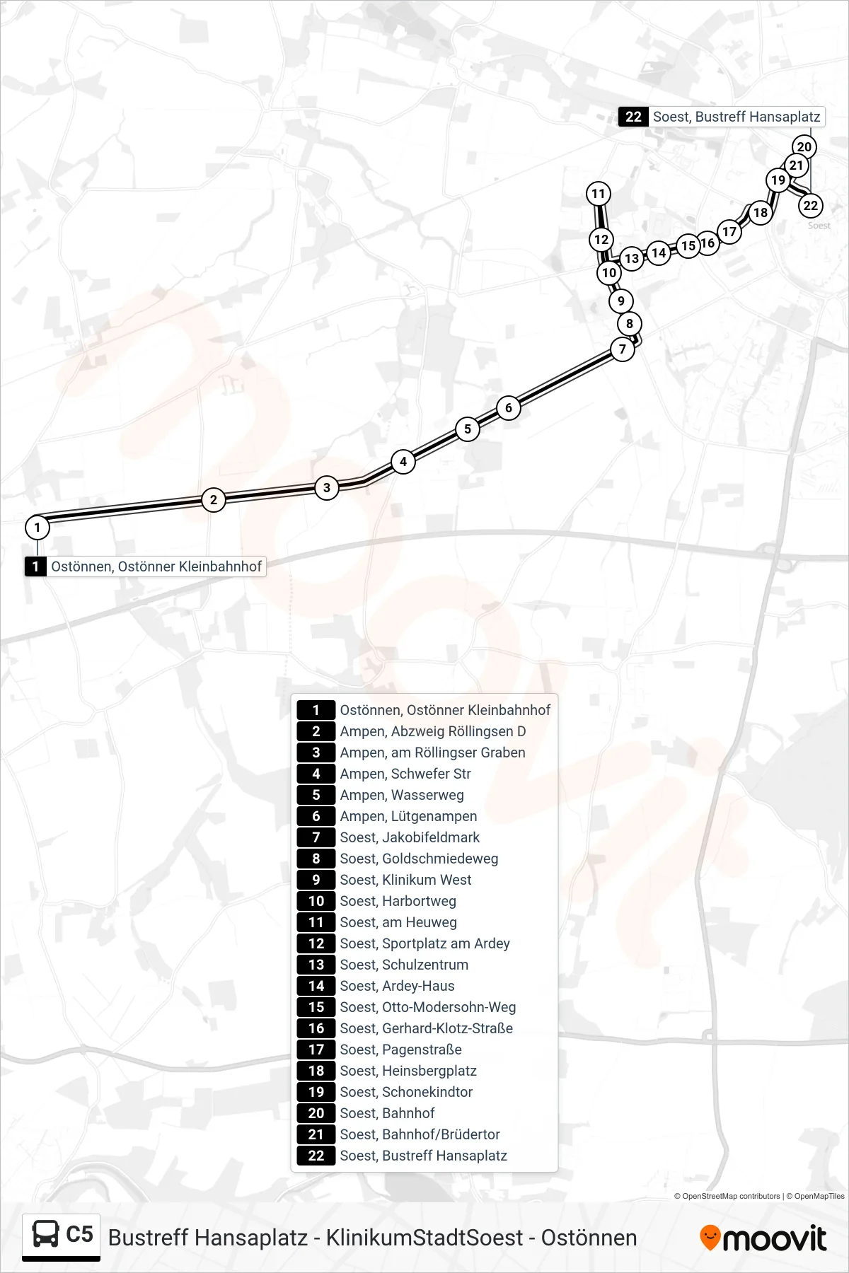 Linie C5 (Bus) Richtung Soest, Bustreff Hansaplatz D: Route und Haltestellen auf der Karte