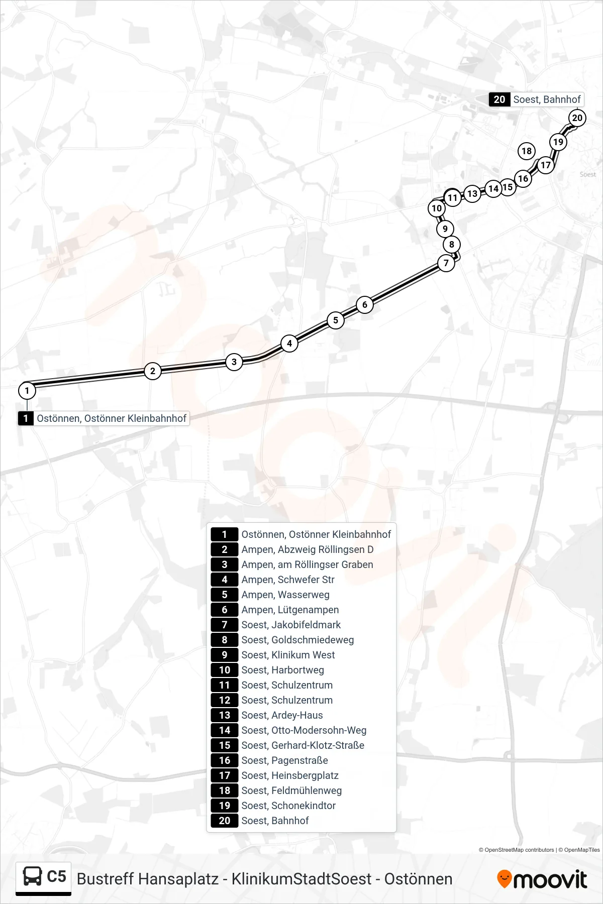 Linie C5 (Bus) Richtung Soest, Bahnhof A: Route und Haltestellen auf der Karte