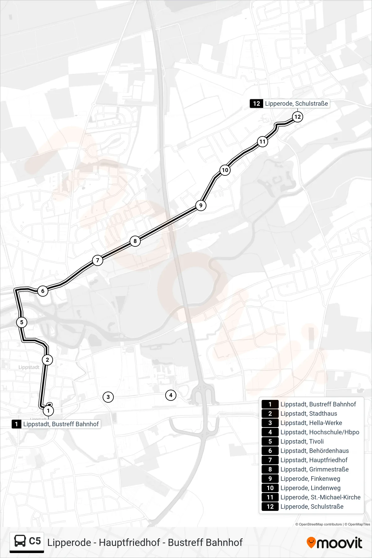 C5 bus Line (Lipperode, Schulstraße) route and stops on a map
