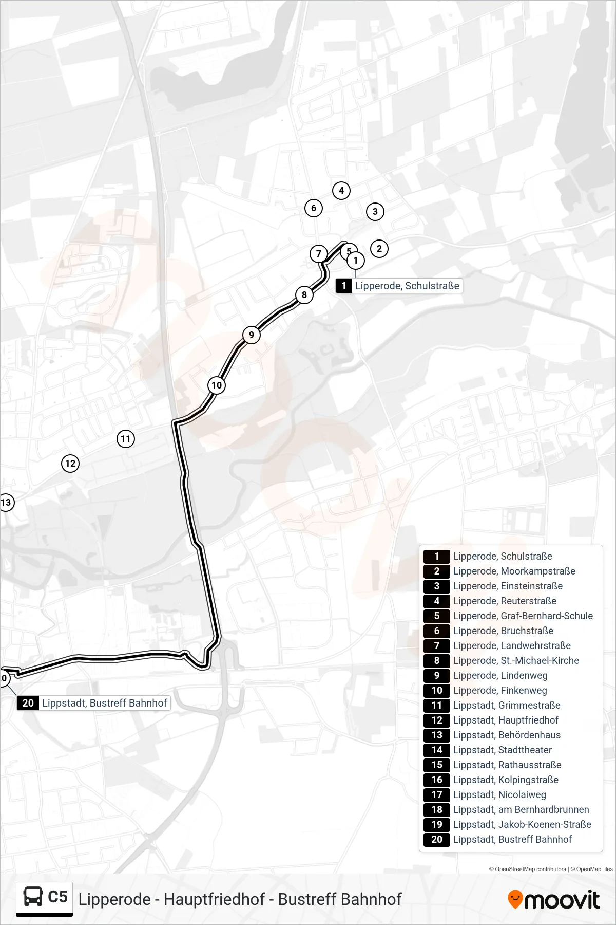 C5 bus Line (Lippstadt, Bustreff Bahnhof B) route and stops on a map