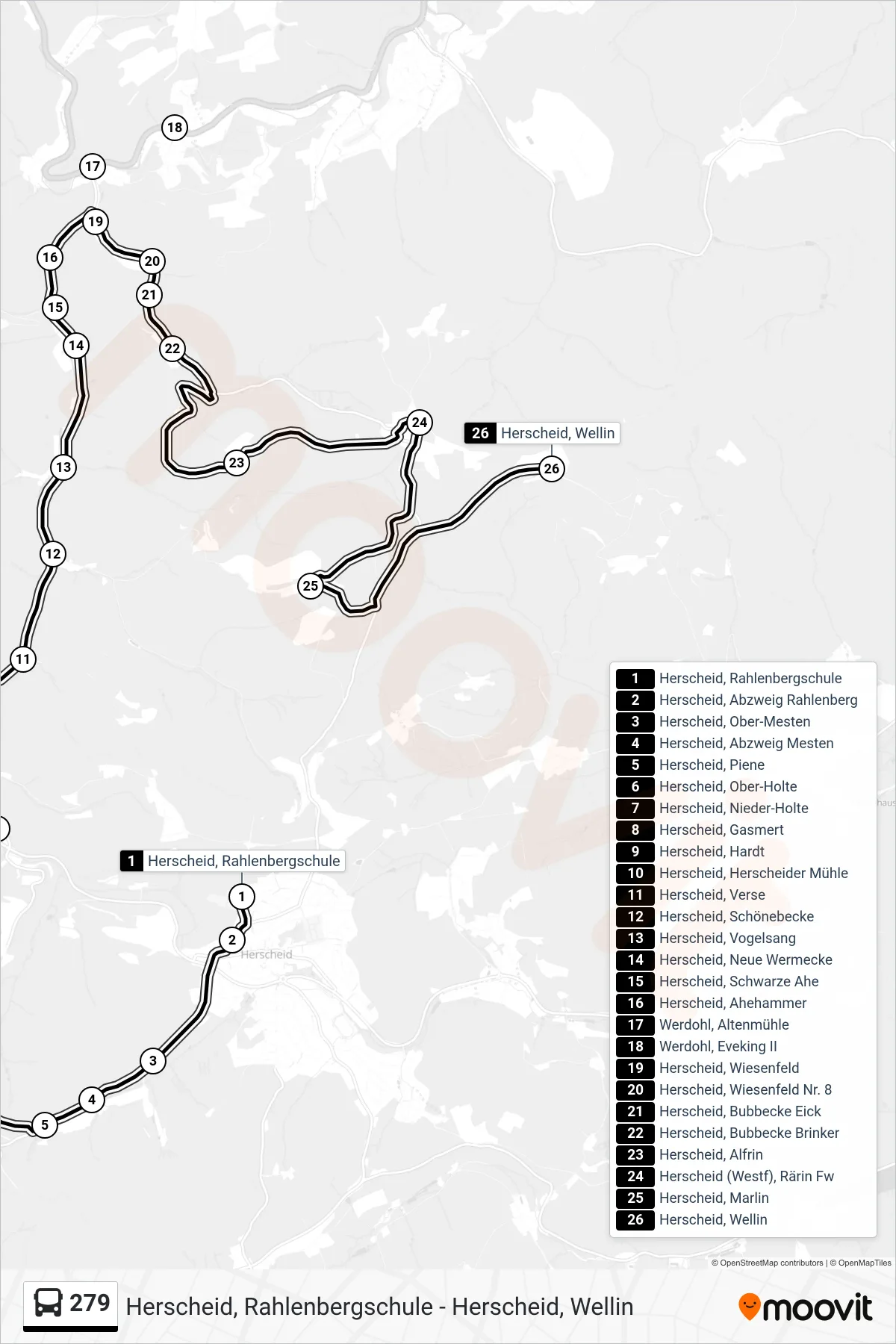 279 bus Line (Herscheid, Wellin) route and stops on a map