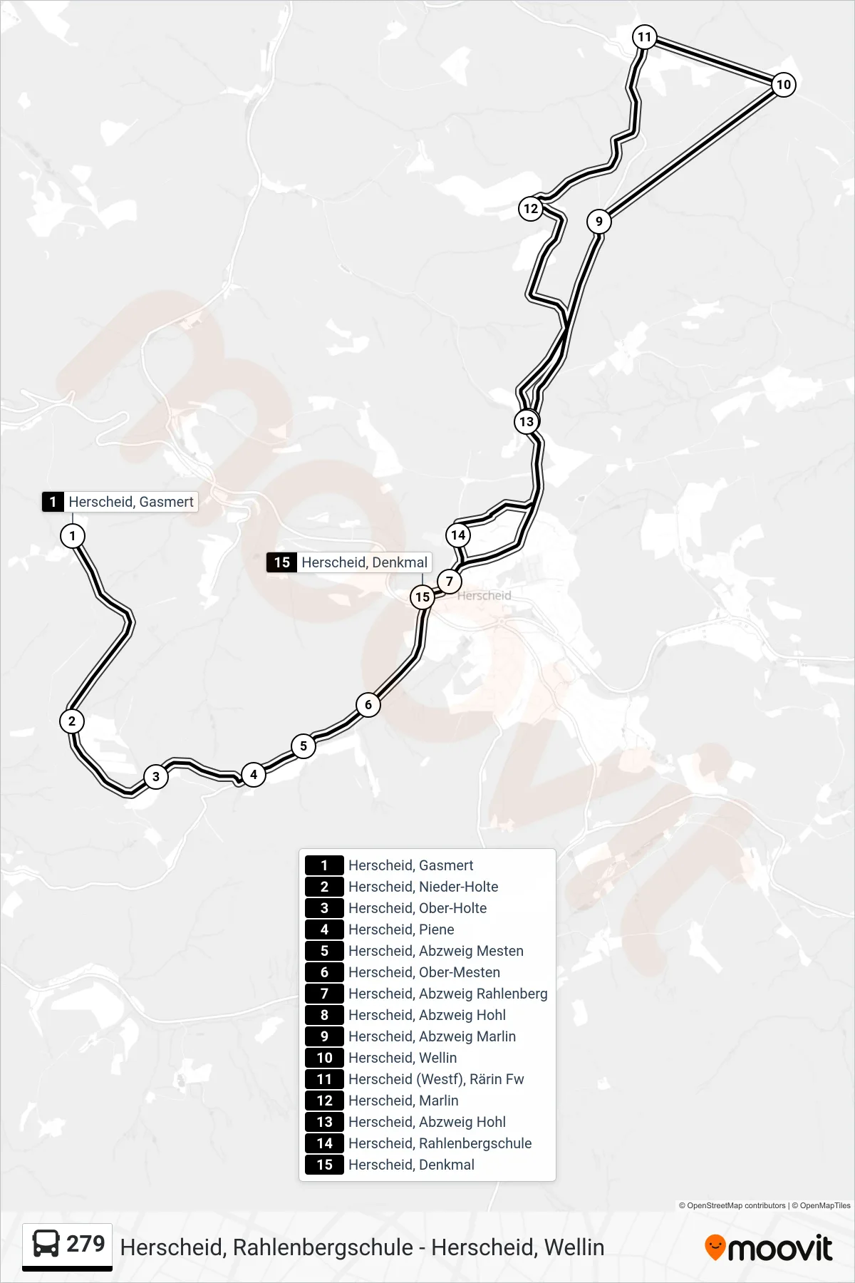 Linie 279 (Bus) Richtung Herscheid, Denkmal: Route und Haltestellen auf der Karte