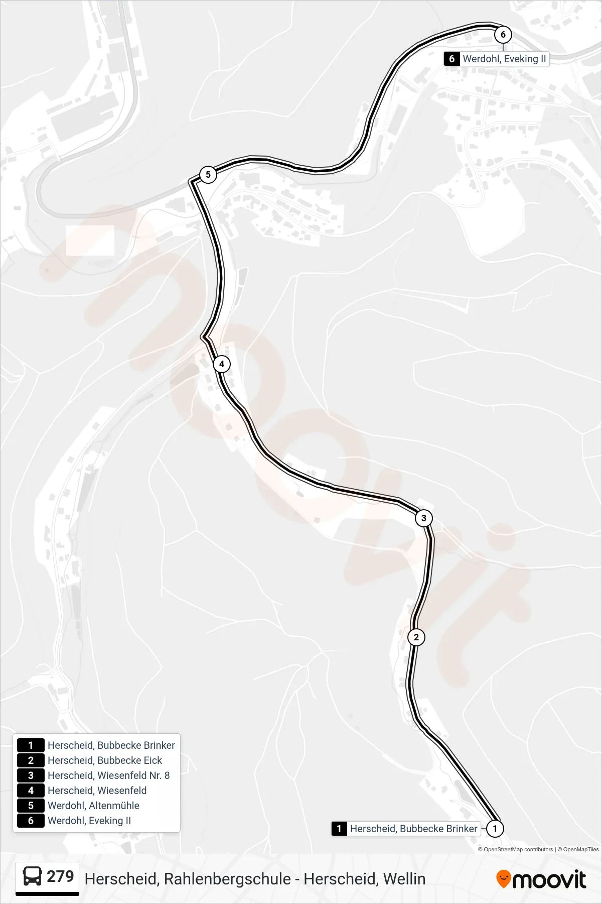 279 bus Line (Werdohl, Eveking II) route and stops on a map