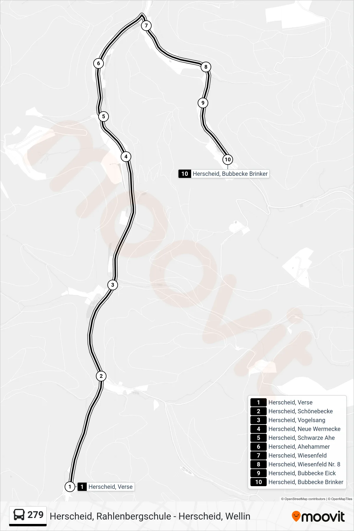 279 bus Line (Herscheid, Bubbecke Brinker) route and stops on a map
