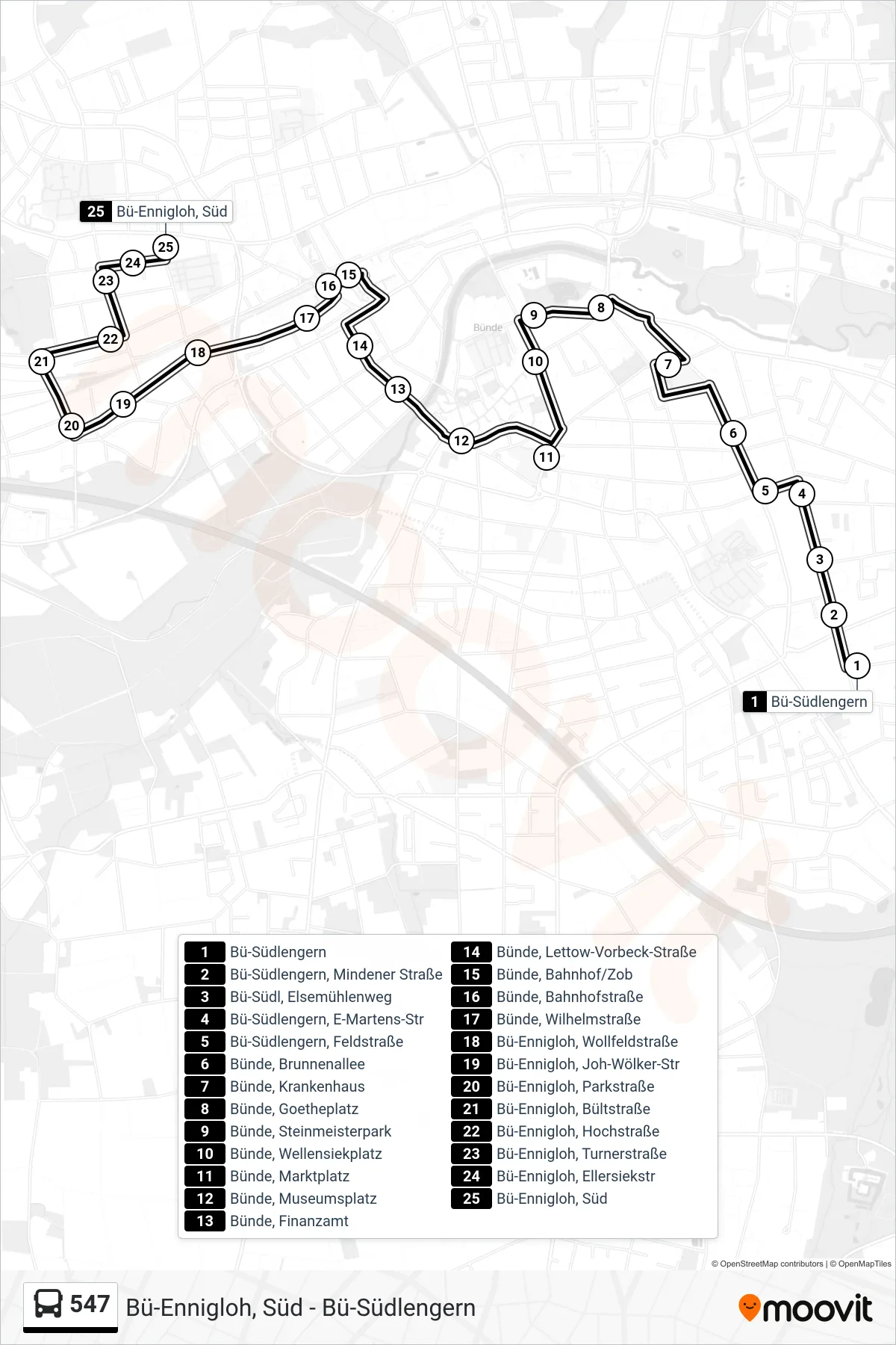 547 bus Line (Bü-Ennigloh, Süd) route and stops on a map