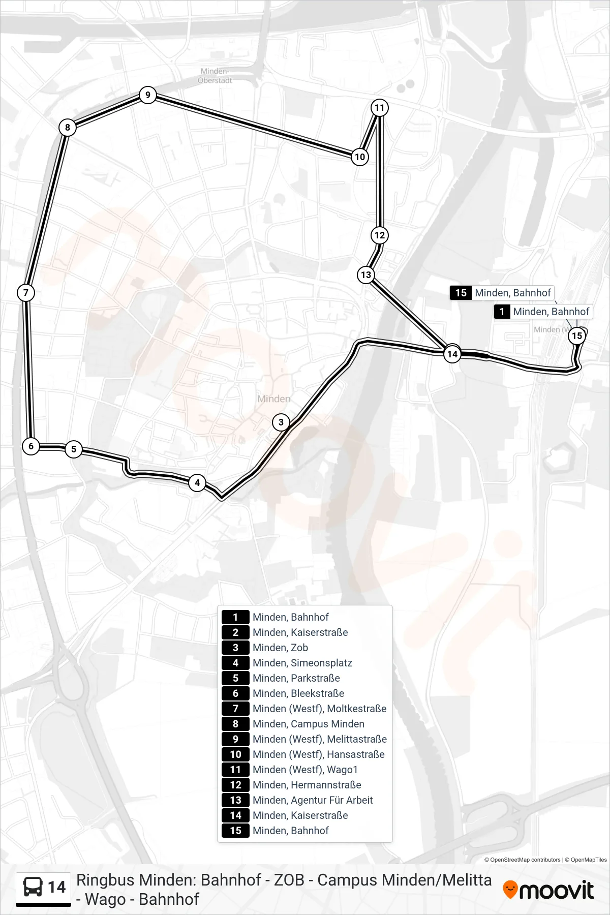 14 bus Line (Minden, Bahnhof) route and stops on a map
