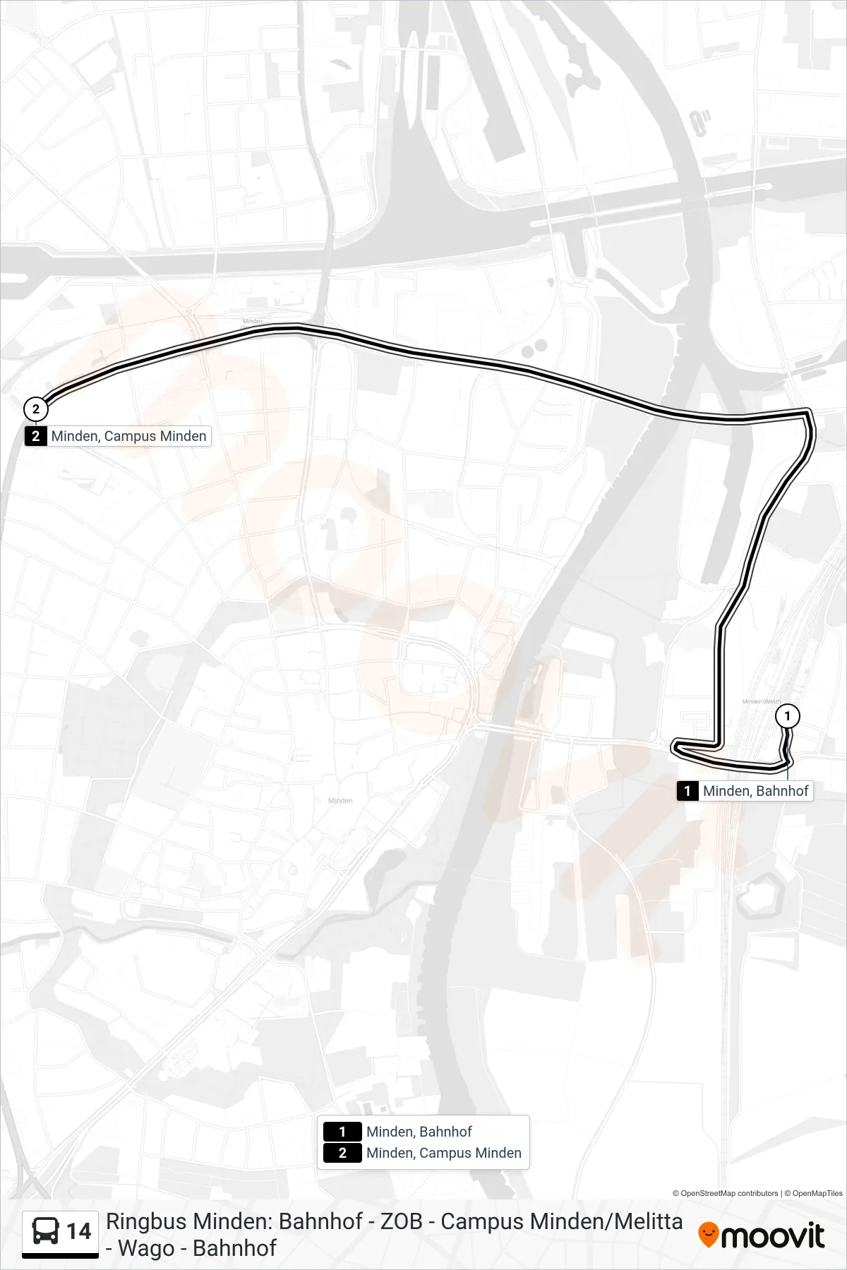 Linie 14 (Bus) Richtung Minden, Campus Minden: Route und Haltestellen auf der Karte