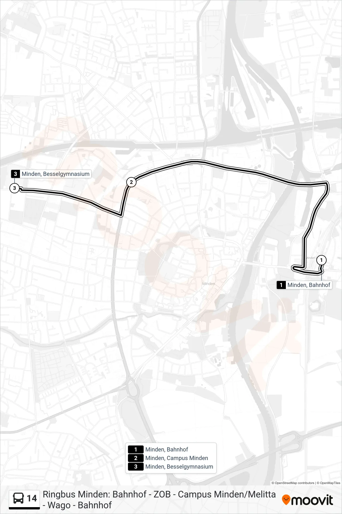 14 bus Line (Minden, Besselgymnasium) route and stops on a map