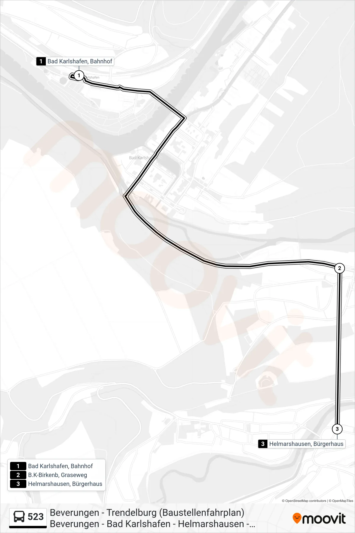 523 bus Line (Helmarshausen, Bürgerhaus) route and stops on a map