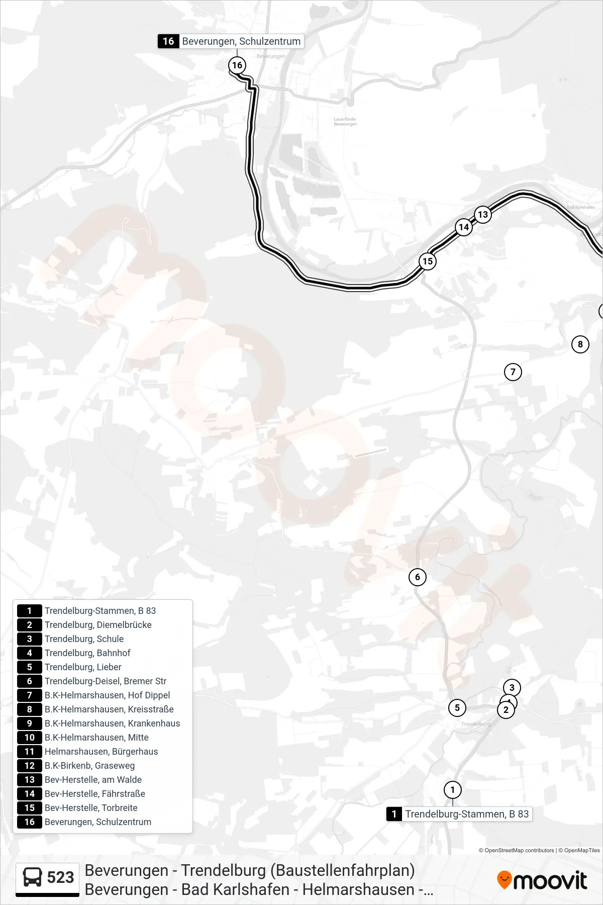 Linie 523 (Bus) Richtung Beverungen, Schulzentrum: Route und Haltestellen auf der Karte