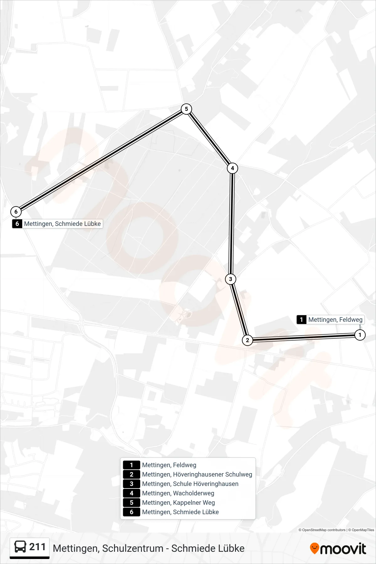 211 bus Line (Mettingen, Schmiede Lübke) route and stops on a map