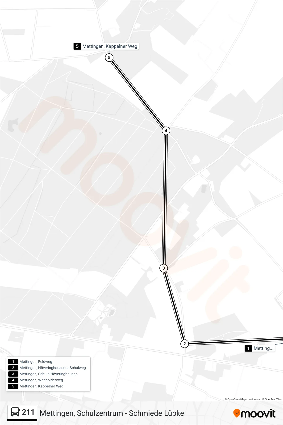 Linie 211 (Bus) Richtung Mettingen, Kappelner Weg: Route und Haltestellen auf der Karte