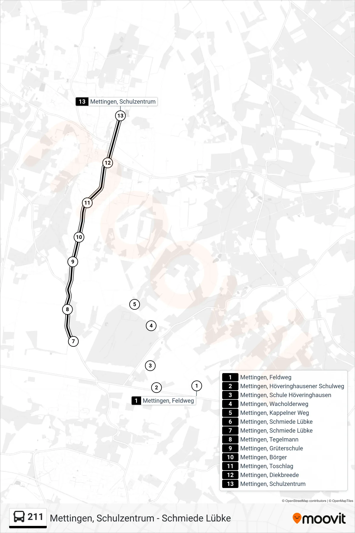 211 bus Line (Mettingen, Schulzentrum Bstg D) route and stops on a map