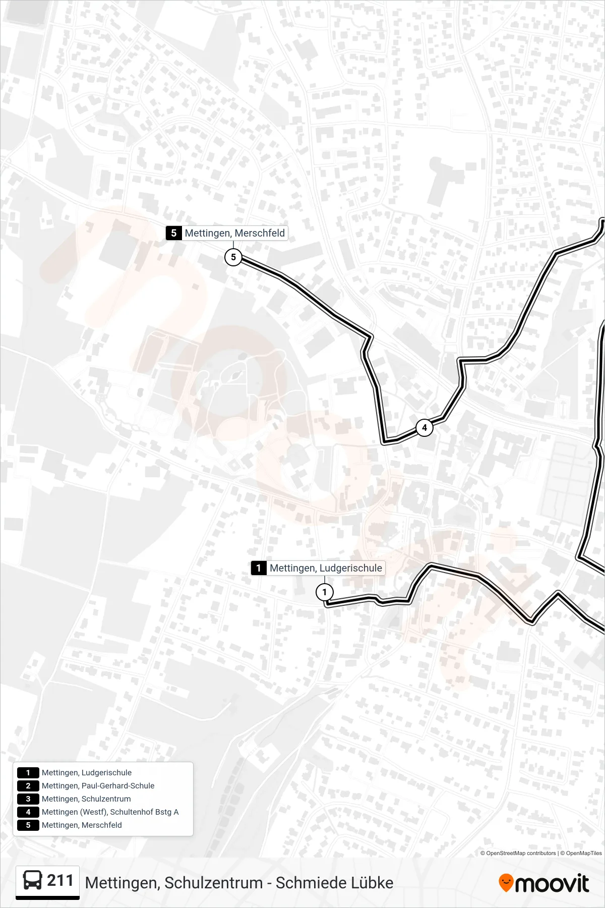 Linie 211 (Bus) Richtung Mettingen, Merschfeld: Route und Haltestellen auf der Karte