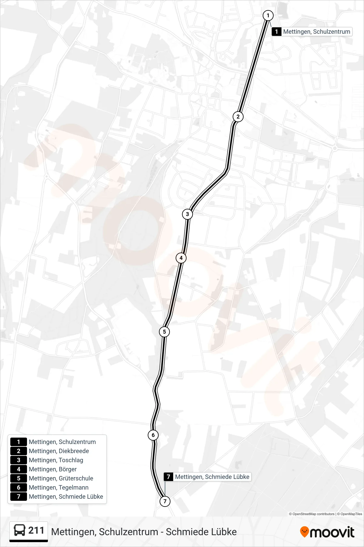 Linie 211 (Bus) Richtung Mettingen, Schmiede Lübke: Route und Haltestellen auf der Karte