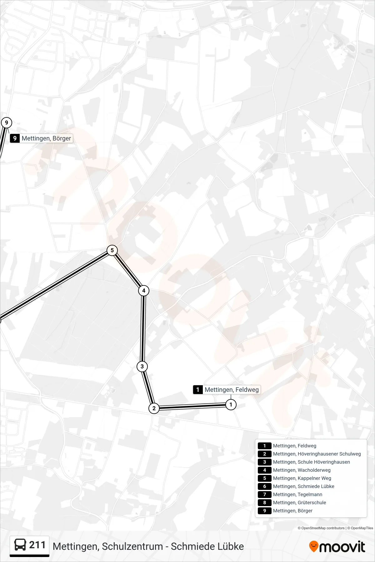 211 bus Line (Mettingen, Börger) route and stops on a map