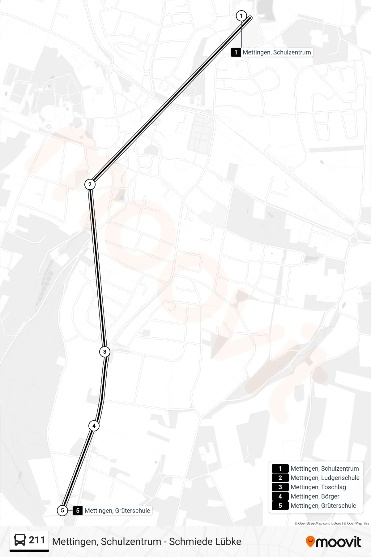 211 bus Line (Mettingen, Grüterschule) route and stops on a map