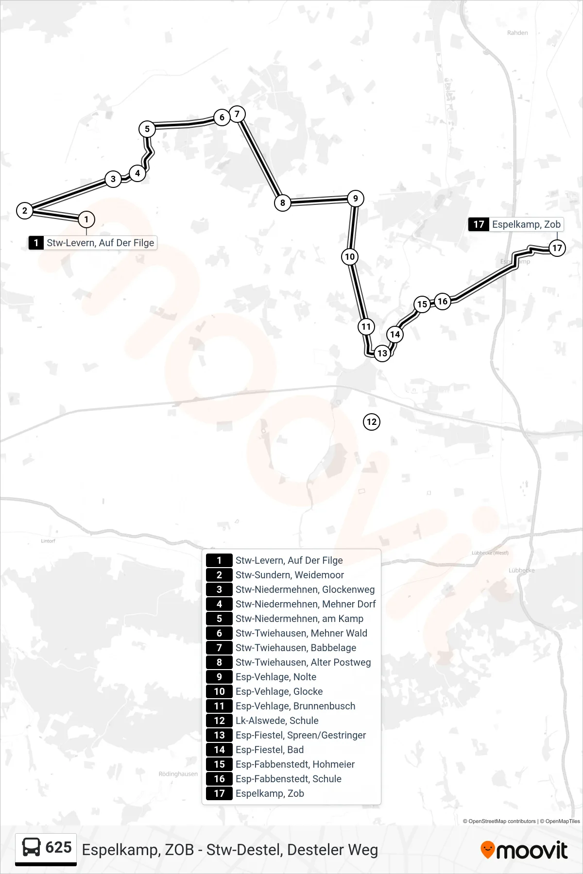 Linie 625 (Bus) Richtung Espelkamp Z O B: Route und Haltestellen auf der Karte
