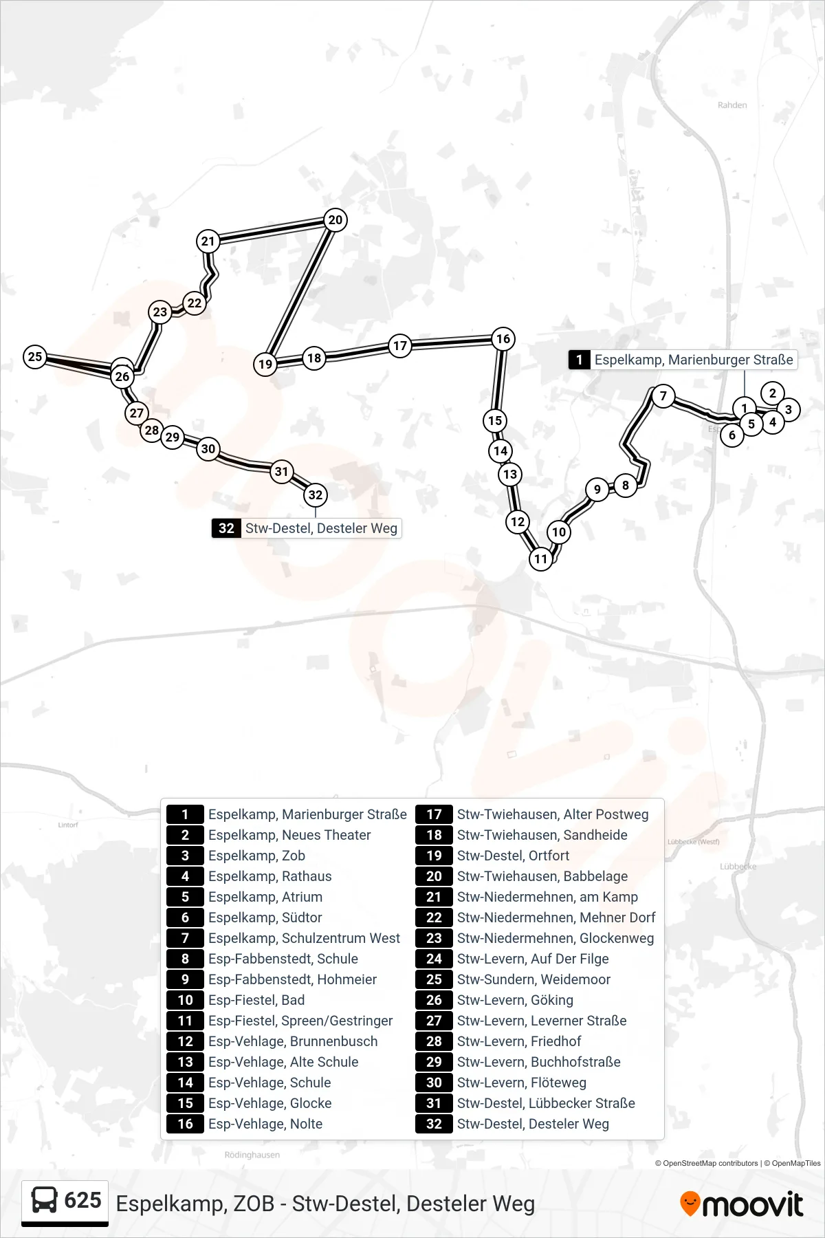 625 bus Line (Destel Oldendorfer Str.) route and stops on a map