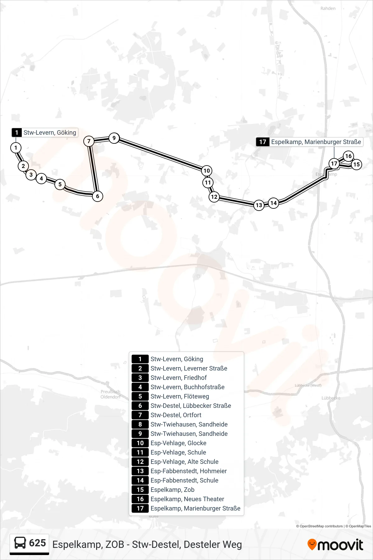 625 bus Line (Espelkamp Marienburger Str.) route and stops on a map
