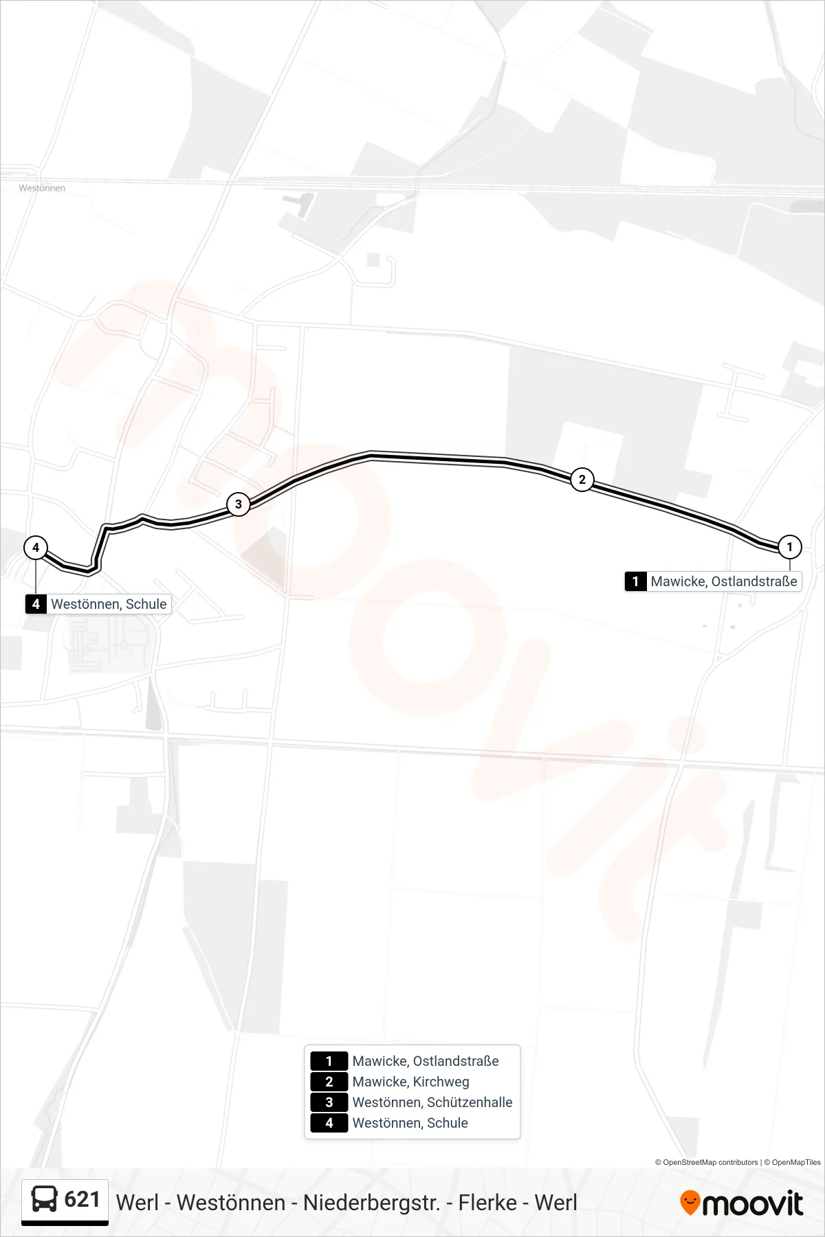 Linie 621 (Bus) Richtung Westönnen, Schule: Route und Haltestellen auf der Karte
