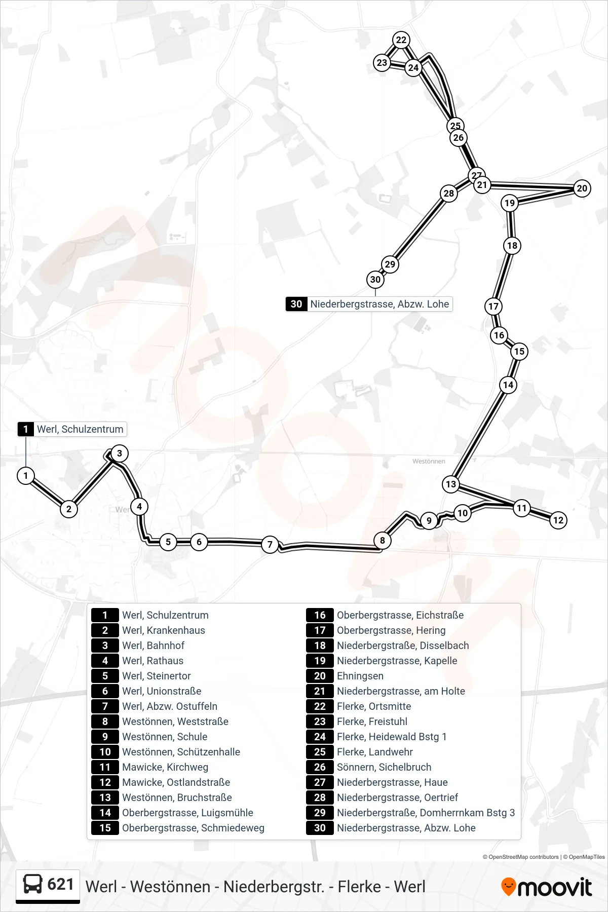 621 bus Line (Niederbergstrasse, Abzw. Lohe) route and stops on a map
