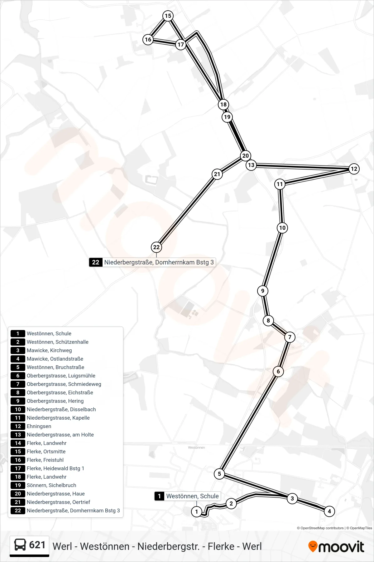 621 bus Line (Niederbergstraße, Domherrnkam Bstg 3) route and stops on a map