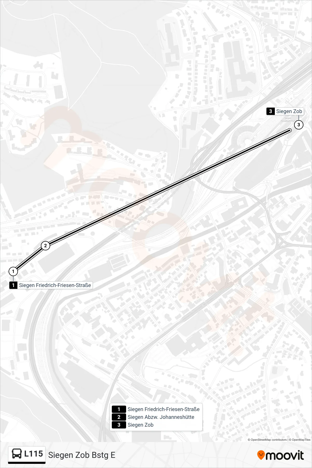 L115 bus Line (Siegen Zob Bstg E) route and stops on a map