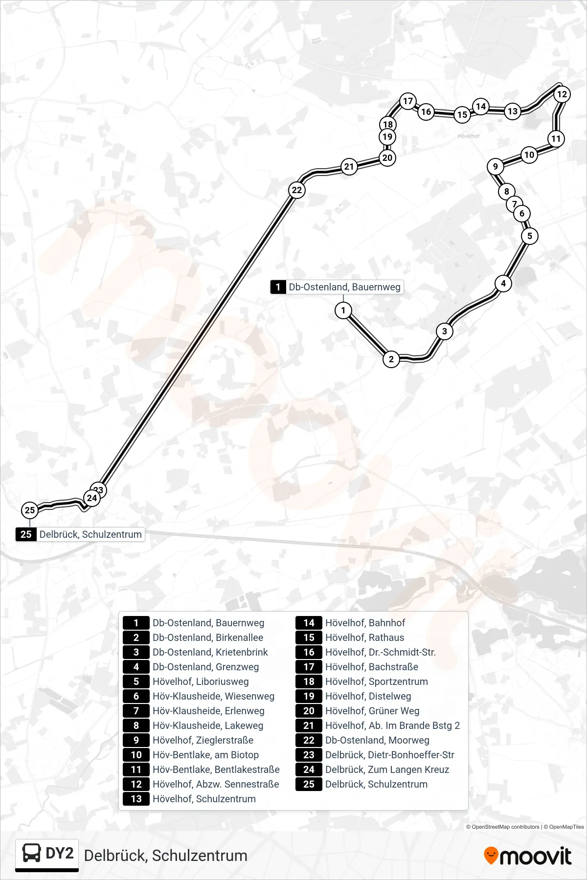 DY2 bus Line (Delbrück, Schulzentrum) route and stops on a map