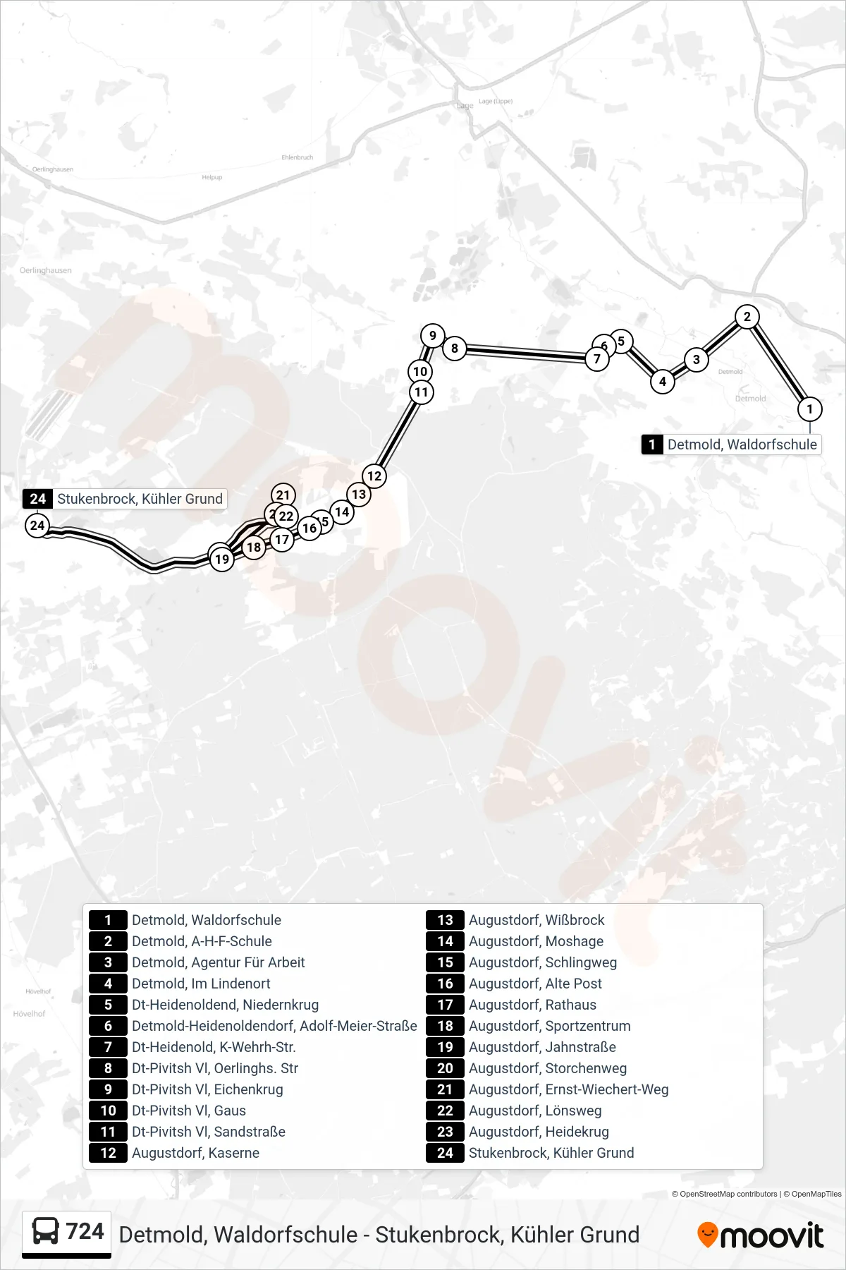 724 bus Line (Stukenbrock, Kühler Grund) route and stops on a map