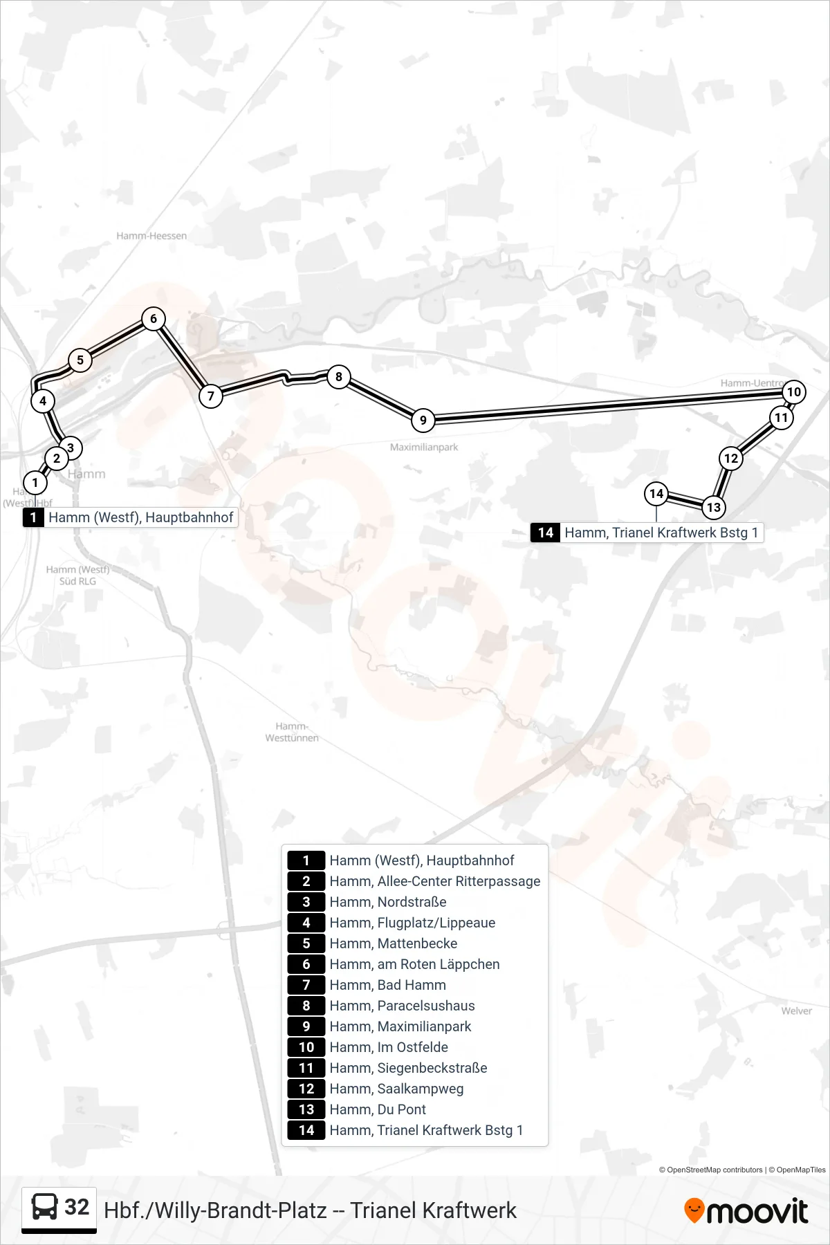 32 bus Line (Hamm, Trianel Kraftwerk Bstg 1) route and stops on a map