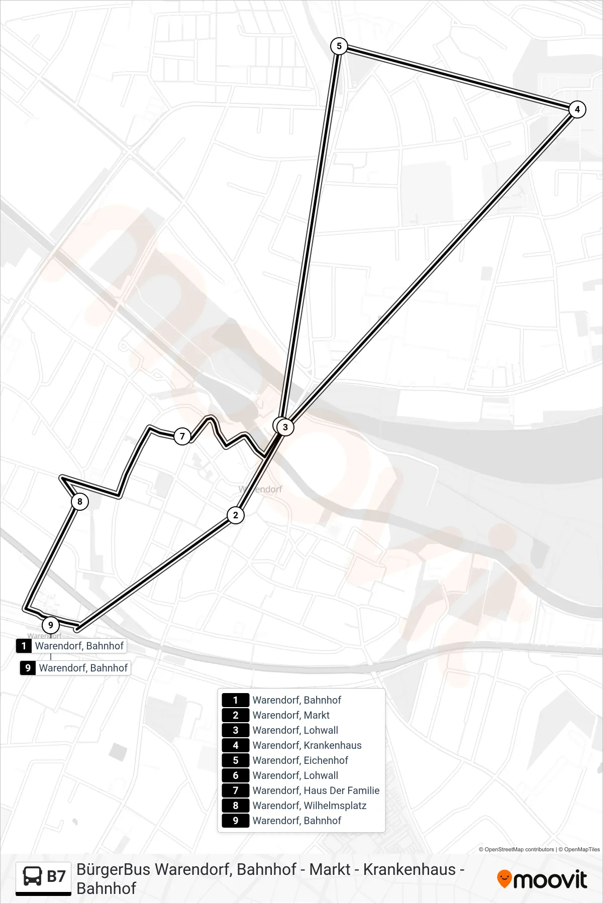 Linie B7 (Bus) Richtung Warendorf, Bahnhof Bstg 1a: Route und Haltestellen auf der Karte