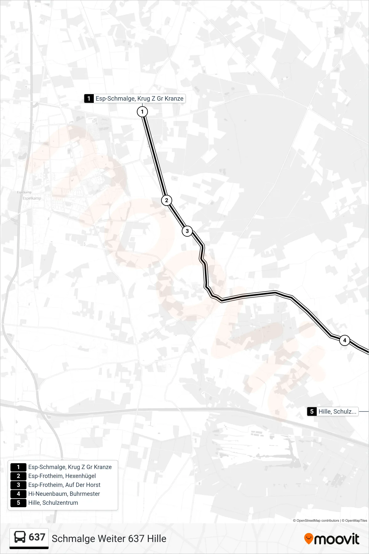 637 bus Line (Schmalge Weiter 637 Hille) route and stops on a map