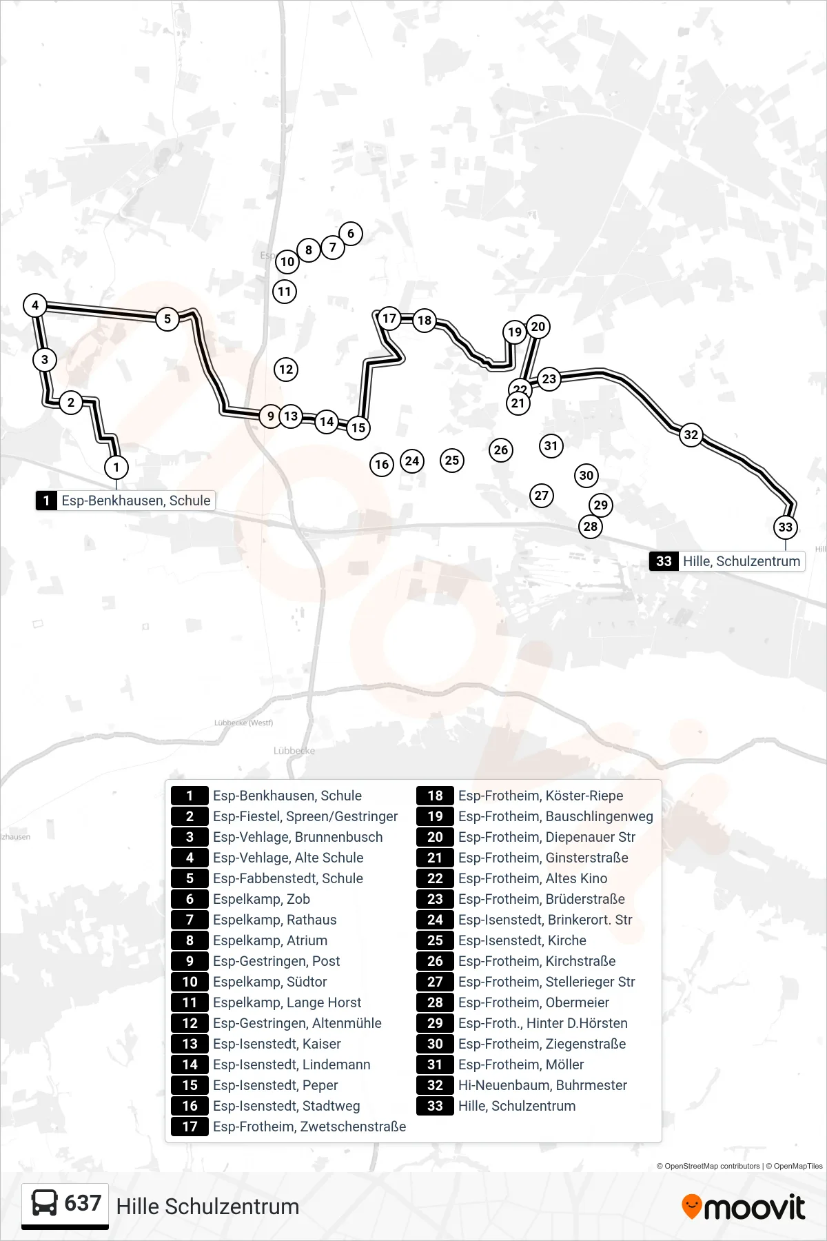 637 bus Line (Hille Schulzentrum) route and stops on a map