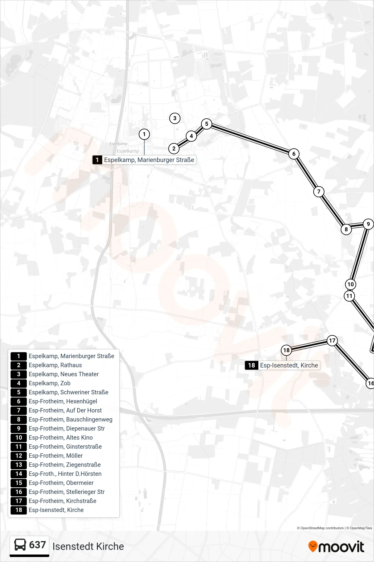 637 bus Line (Isenstedt Kirche) route and stops on a map