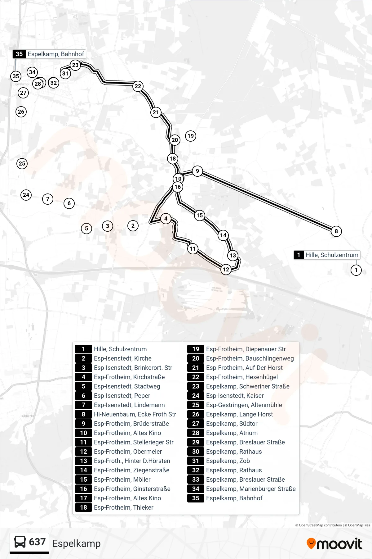 637 bus Line (Espelkamp) route and stops on a map
