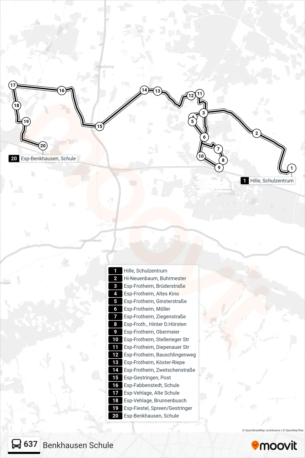 637 bus Line (Benkhausen Schule) route and stops on a map