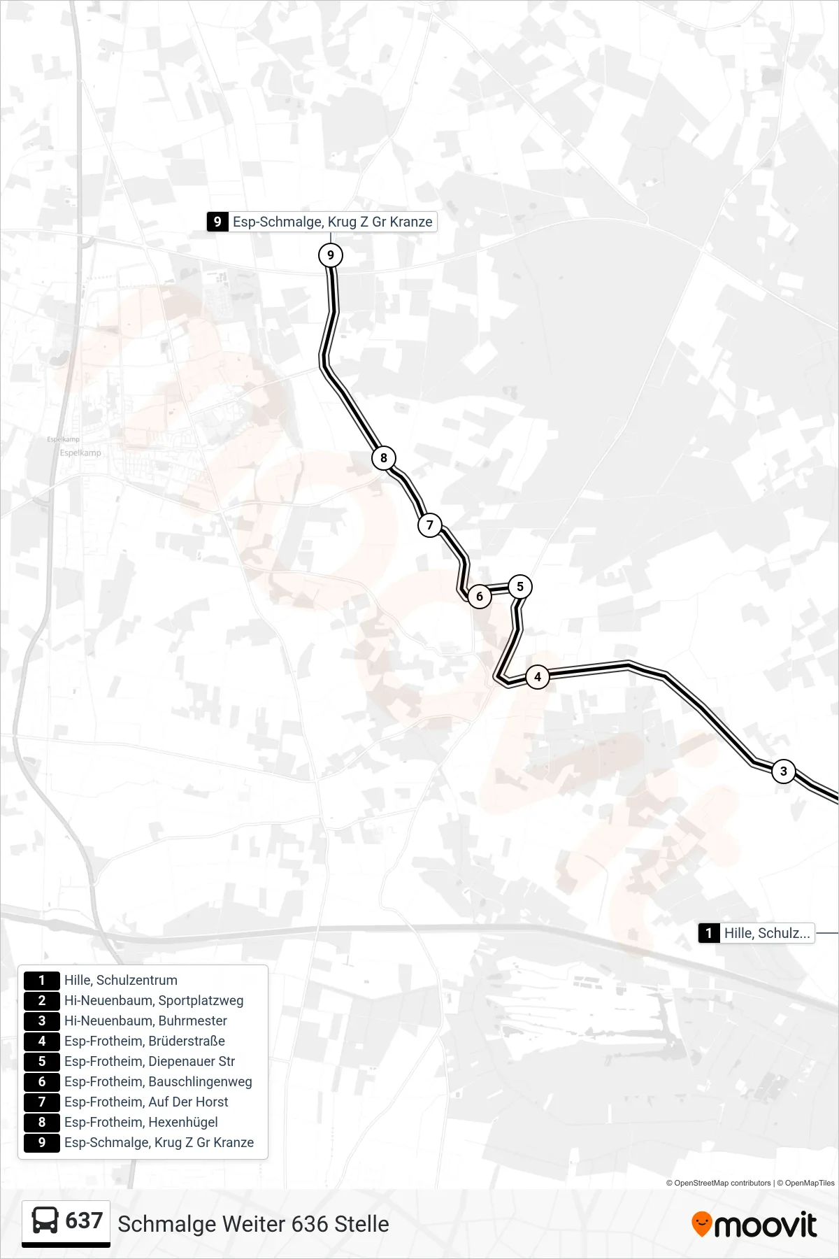 637 bus Line (Schmalge Weiter 636 Stelle) route and stops on a map