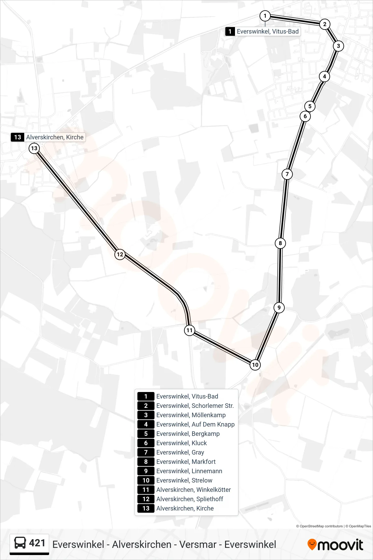 Linie 421 (Bus) Richtung Alverskirchen, Kirche: Route und Haltestellen auf der Karte