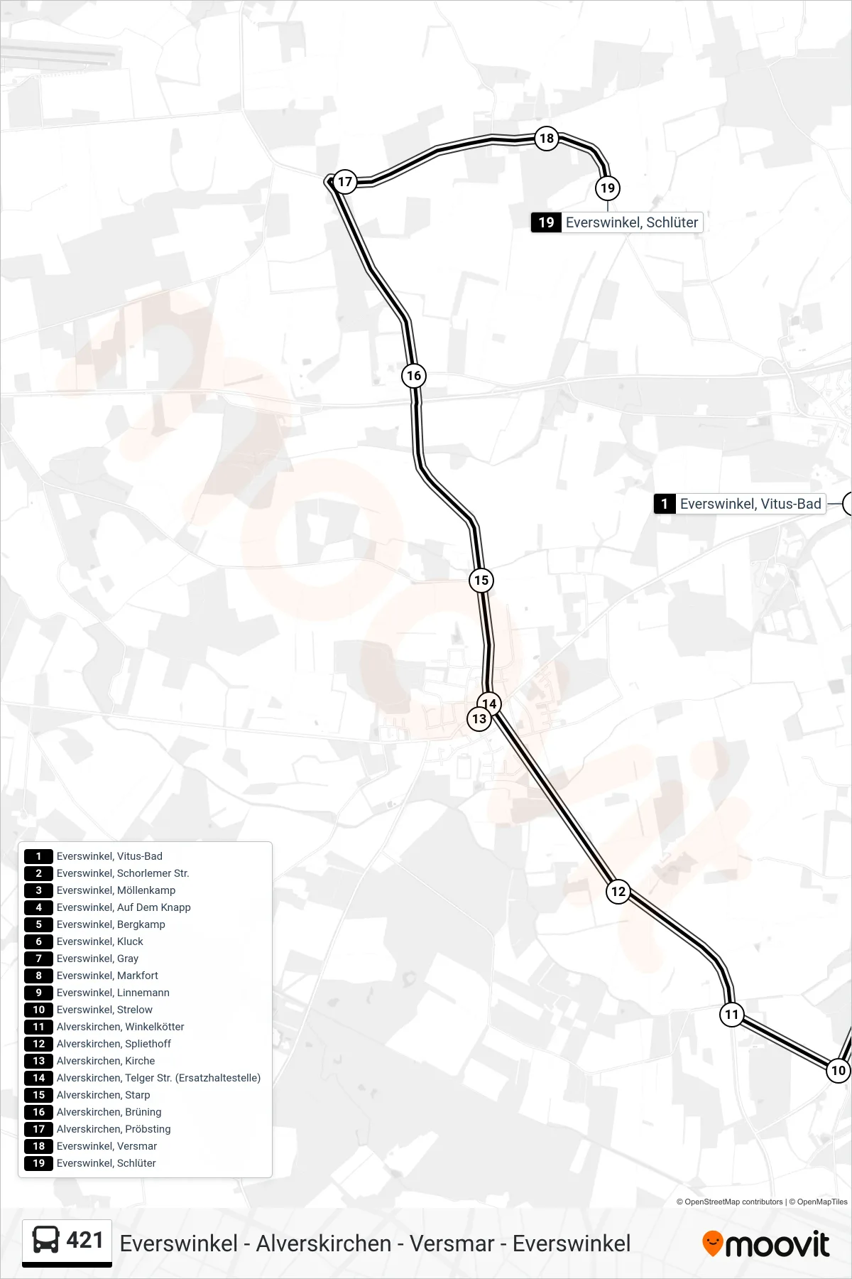 Linie 421 (Bus) Richtung Everswinkel, Schlüter: Route und Haltestellen auf der Karte